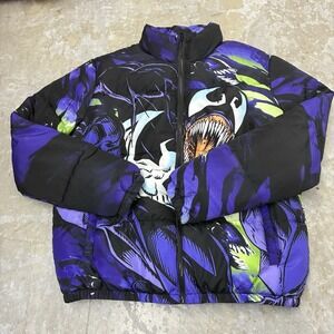 Marvel Venom Puffer Jacket Mens Large Purple Insulated Quilted Graphic Zip Coat